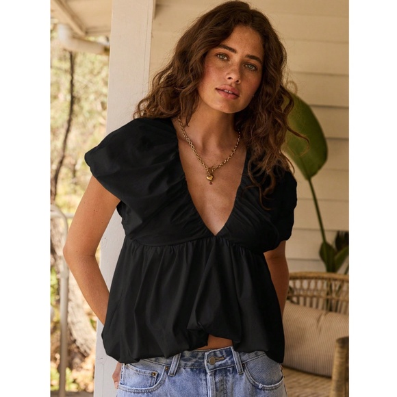 Puff Top in Black V-Neck Short Sleeve Tie Back Babydoll Style - Picture 7 of 8